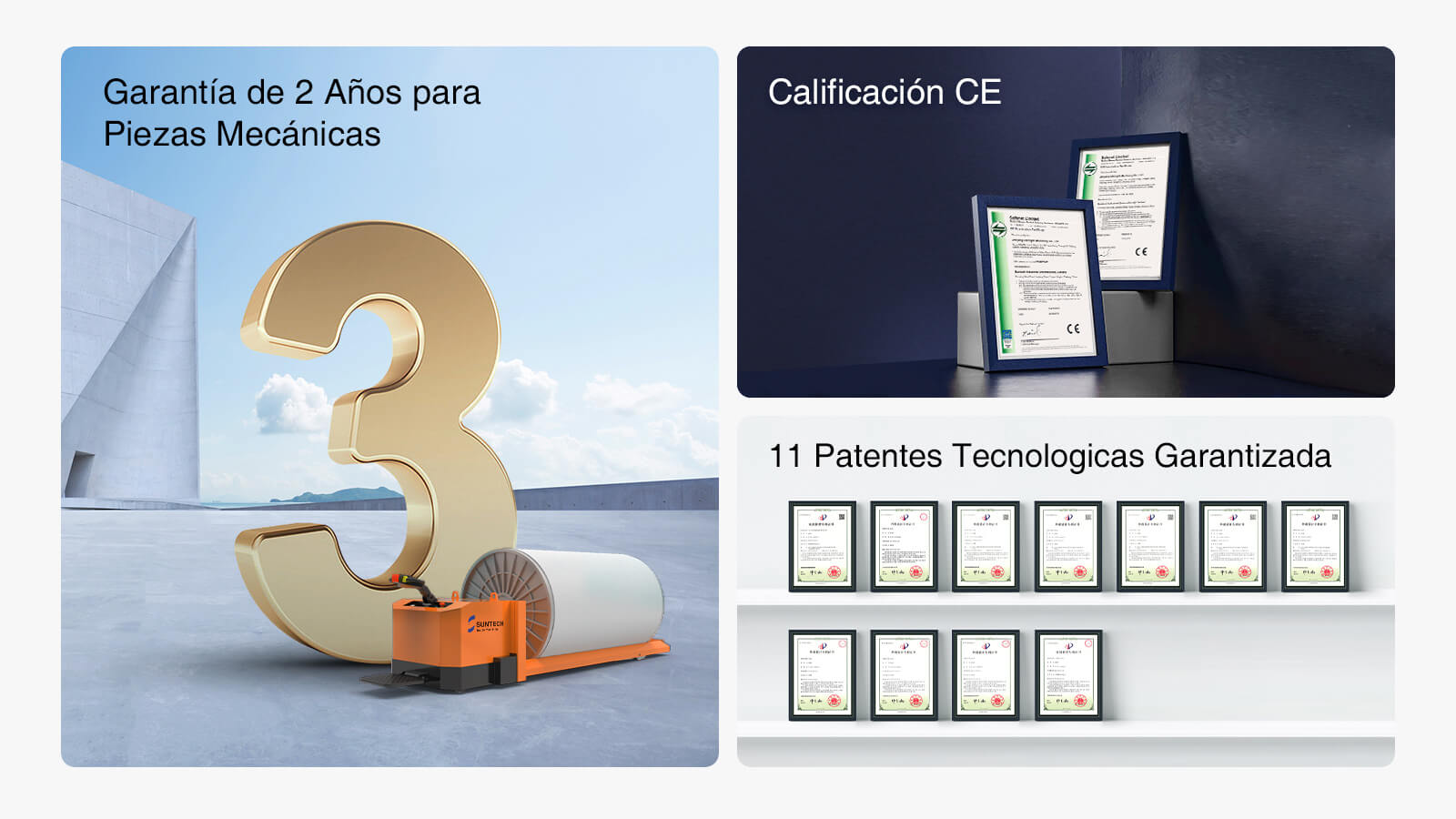 Garantía de 3 años para certificados CE, garantía de calidad de piezas mecánicas, 11 patentes y tecnología garantizada