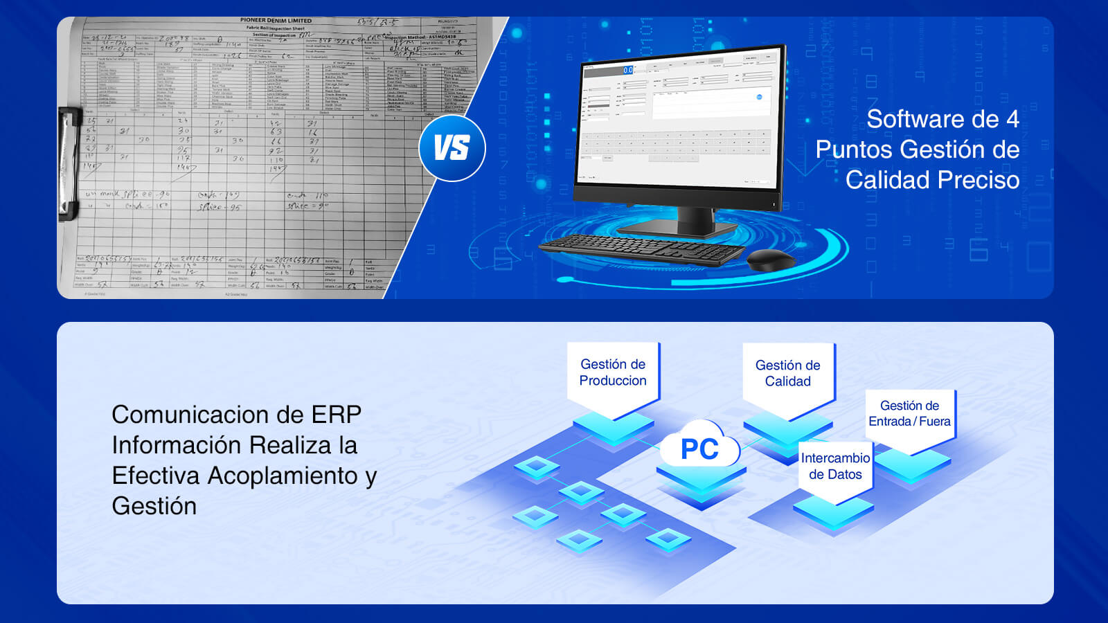 Máquina de inspección de tejidos con sistema de 4 puntos, fácil conexión con ERP