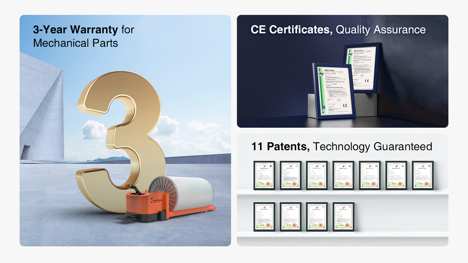 Garantía de 3 años para certificados CE, garantía de calidad de piezas mecánicas, 11 patentes y tecnología garantizada